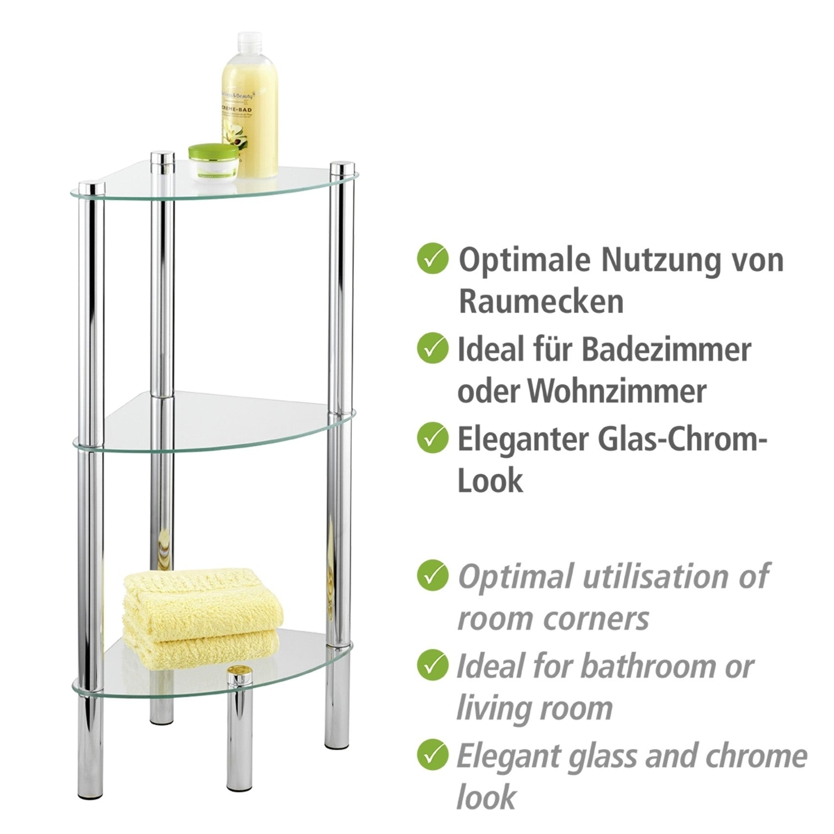 Wenko Eckregal Mod. Yago mit 3 Glasablagen, aus Edelstahl und Sicherheitsglas