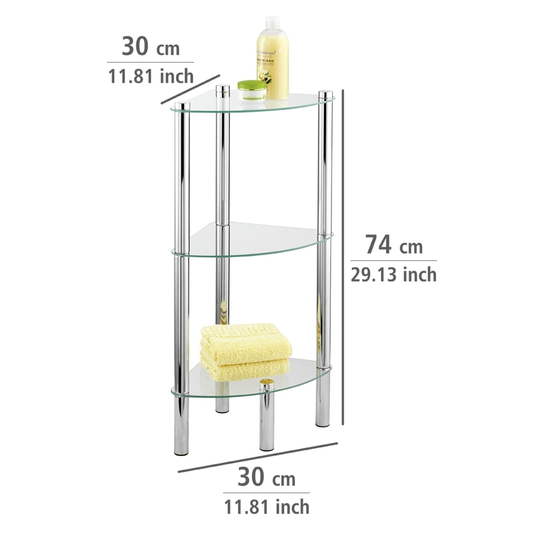 Wenko Eckregal Mod. Yago mit 3 Glasablagen, aus Edelstahl und Sicherheitsglas