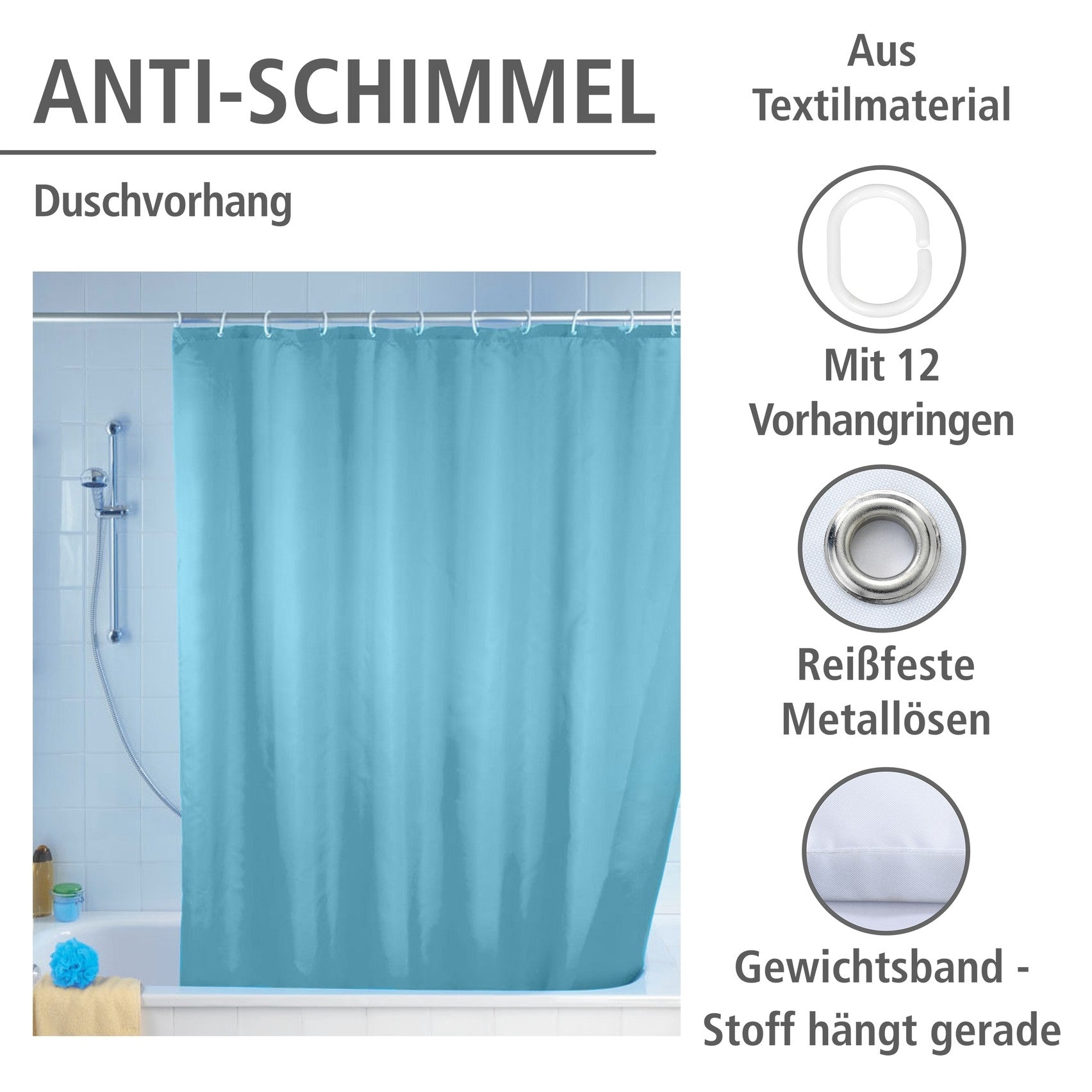 Wenko Anti-Schimmel Duschvorhang Uni Light Blue, Textil (Polyester), 180 x 200 cm, waschbar