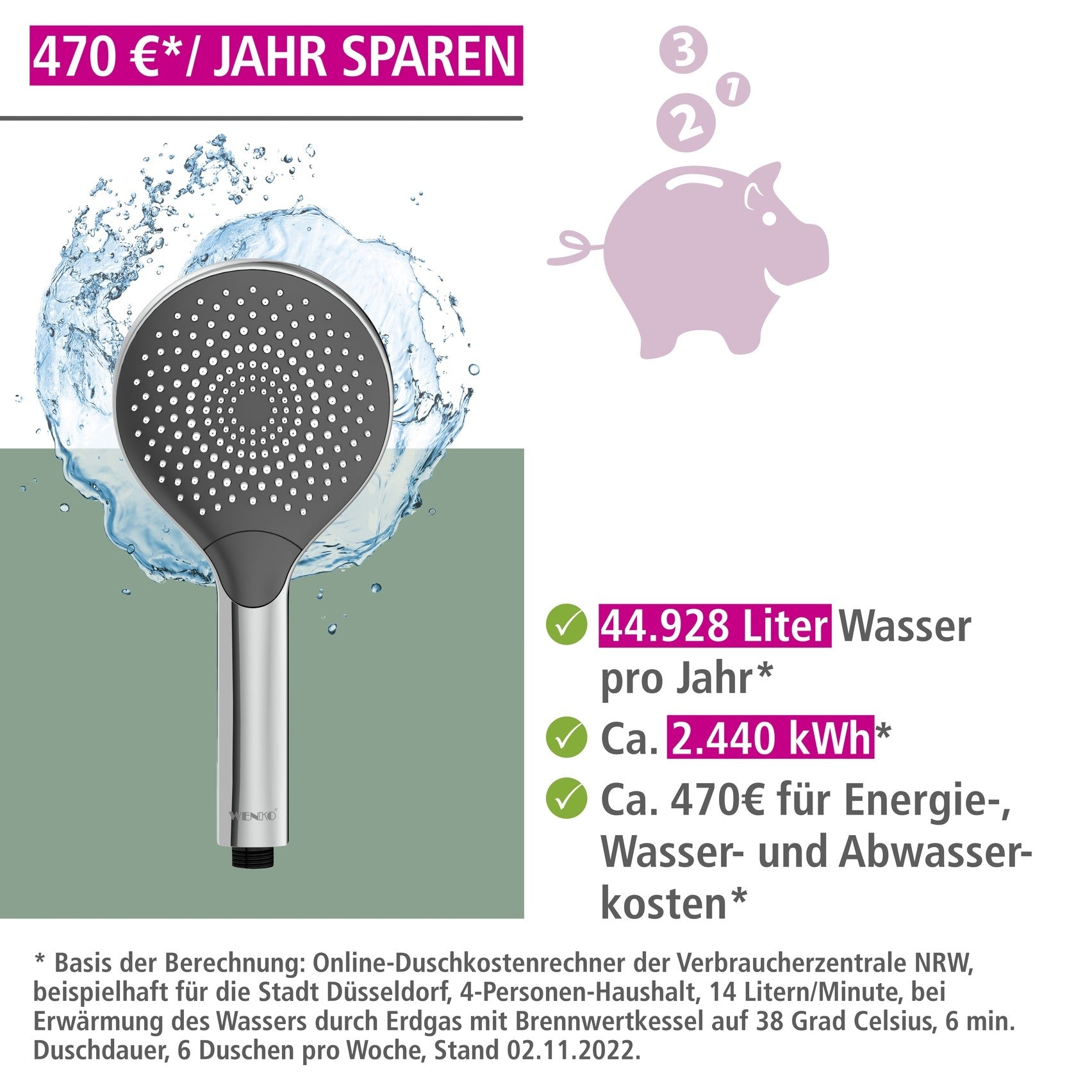 Wenko Duschkopf Watersaving Chrom, Ø 12 cm