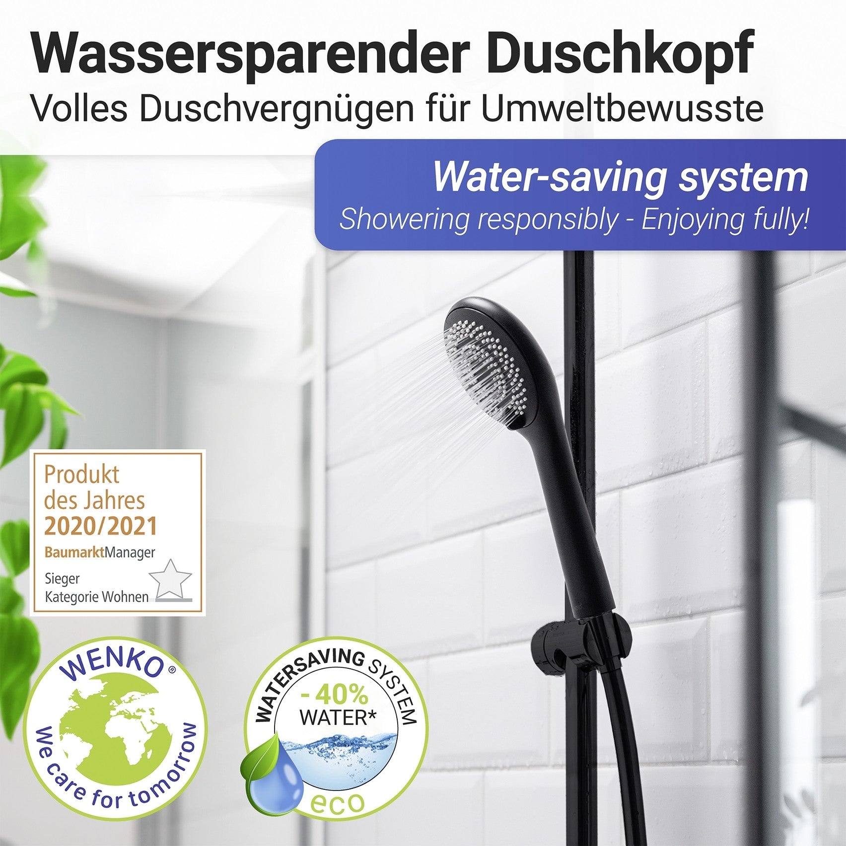 Wenko Duschkopf Watersaving Ø 110 cm 3 Funktionen, Universal-Handbrause, Ø 11 cm, 3 Strahlarten