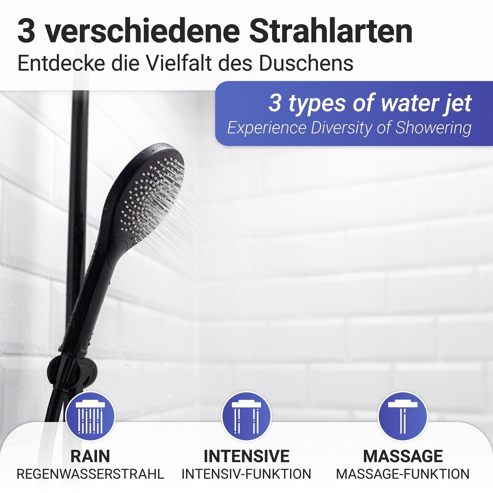 Wenko Duschkopf Watersaving Ø 110 cm 3 Funktionen, Universal-Handbrause, Ø 11 cm, 3 Strahlarten