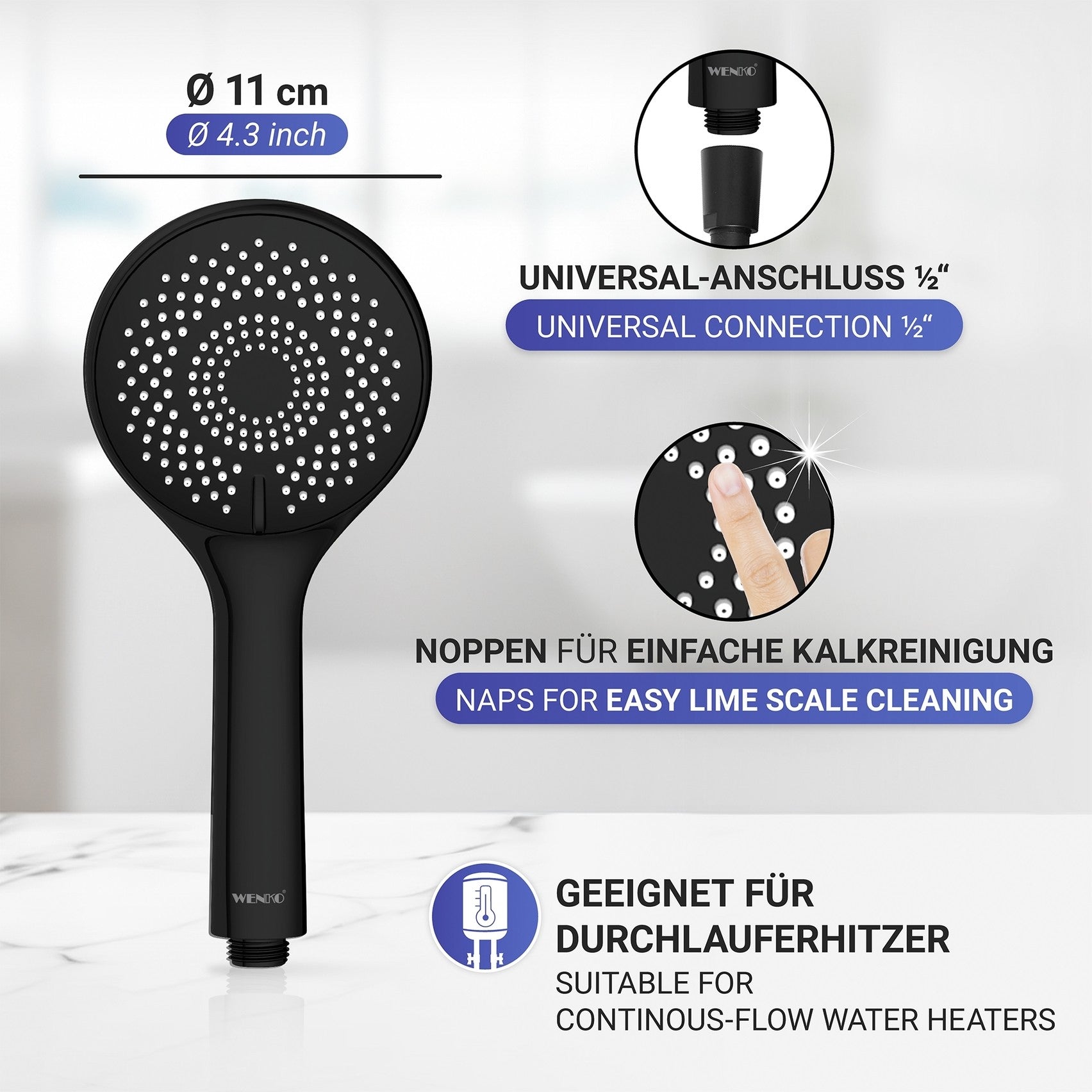 Wenko Duschkopf Watersaving Ø 110 cm 3 Funktionen, Universal-Handbrause, Ø 11 cm, 3 Strahlarten