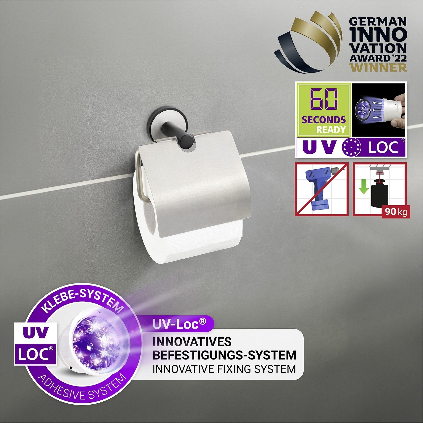 Wenko UV-Loc® Toilettenpapierhalter mit Deckel Mod. Udine, Befestigen ohne Bohren
