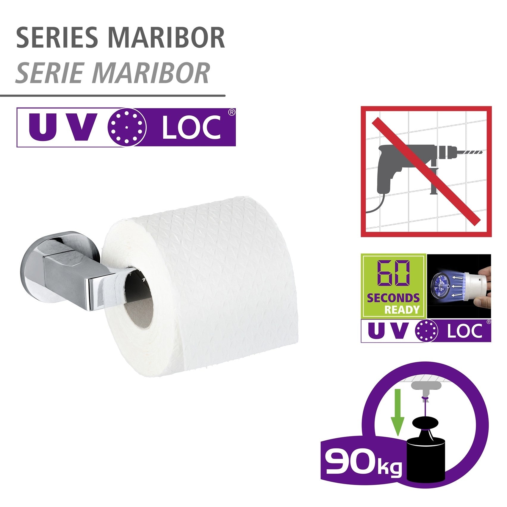 Wenko UV-Loc® Toilettenpapierhalter Mod. Maribor, Befestigen ohne Bohren mit innovativem Klebesystem