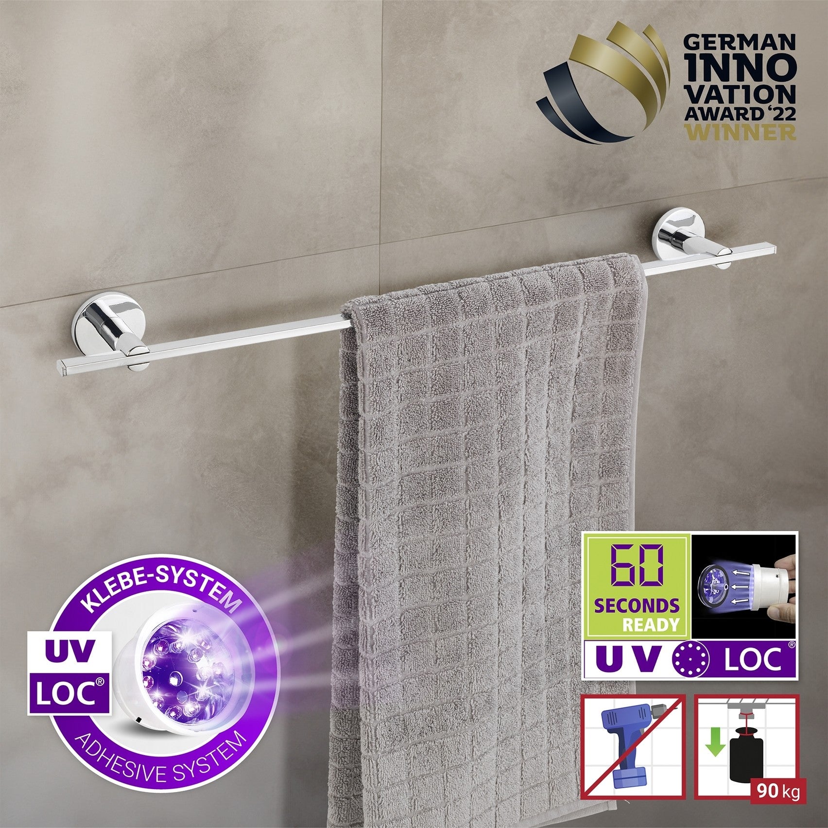 Wenko UV-Loc® Badetuchstange Uno Mod. Isera 60 cm, Befestigen ohne Bohren mit innovativem Klebesystem
