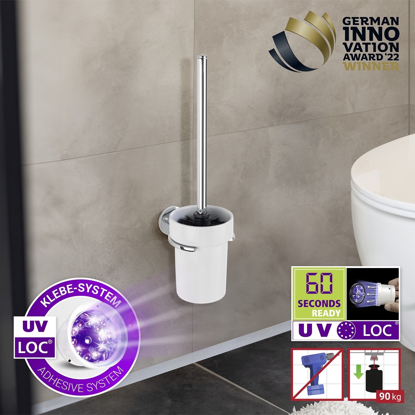 Wenko UV-Loc® WC-Garnitur Mod. Isera, Befestigen ohne Bohren mit innovativem Klebesystem