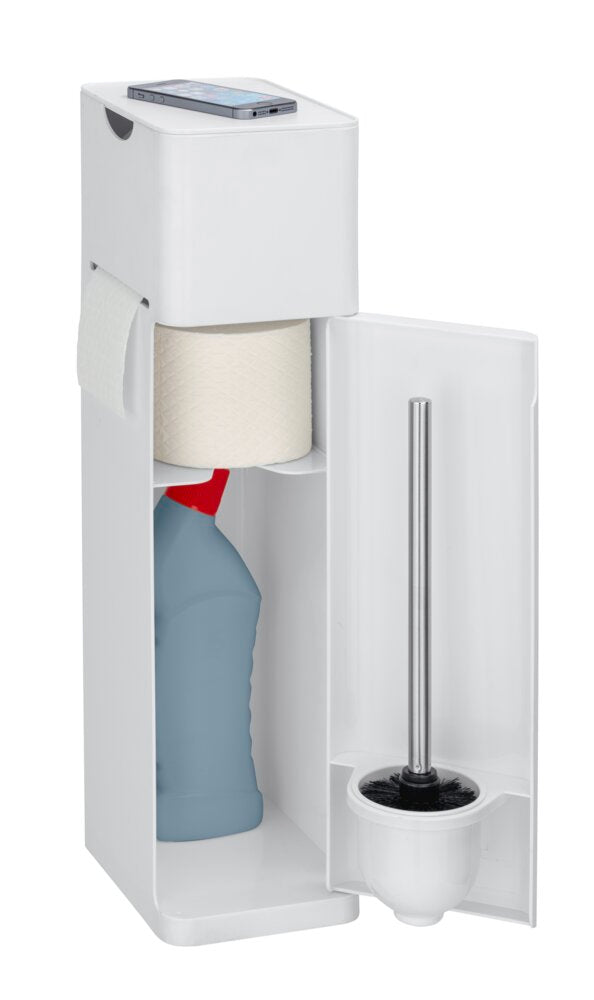 Stand WC-Garnitur Mod. Imon 6 in 1 Weiß matt integrierter Toilettenpapierhalter, WC-Bürstenhalter, Ersatzrollenhalter, Stauraumfächer und Ablage