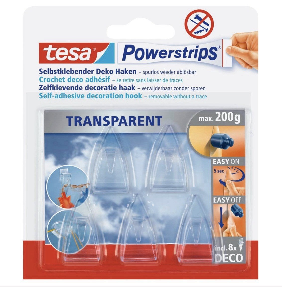 tesa Powerstirps Selbstklebender Deco-Haken - 5 Haken + 8 Powerstrips