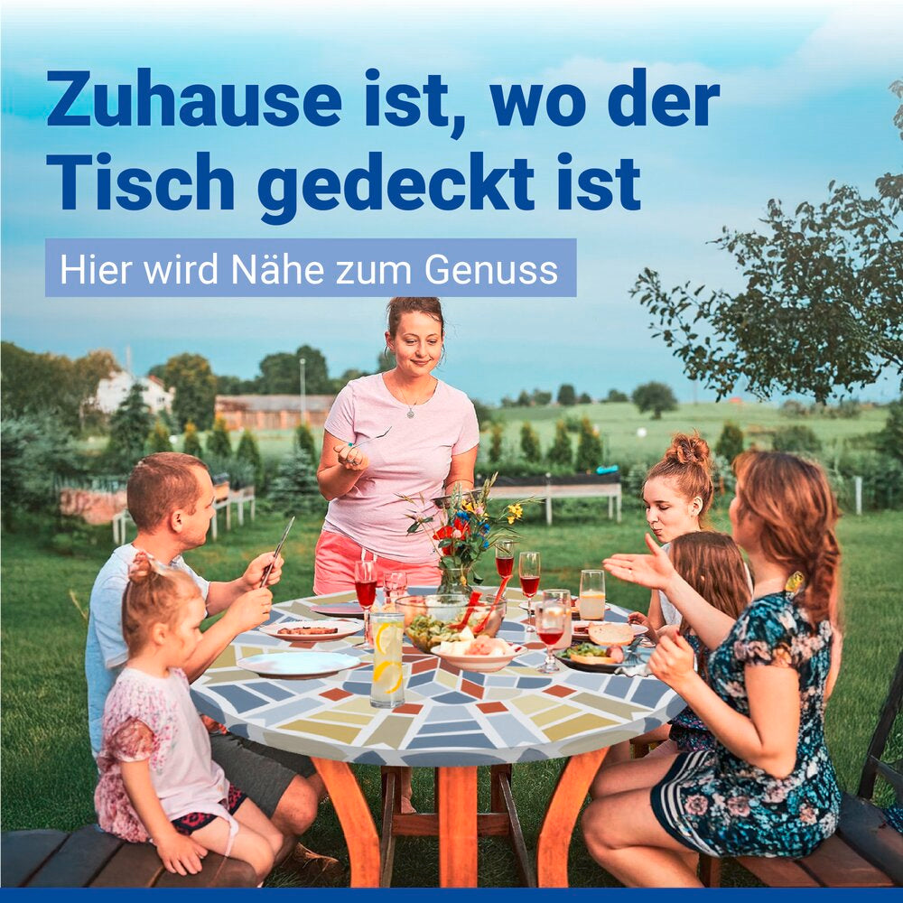Spann-Tischdecke Mod. Mosaik XL, Ø 85 - 105 cm für Garten und Outdoor-Bereich