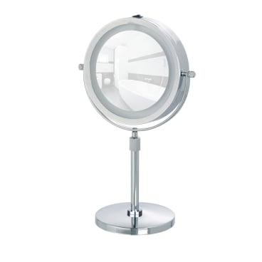 WENKO Lumi LED Kosmetikspiegel – Ø 13 cm, Farbe: silber, Höhenverstellbar