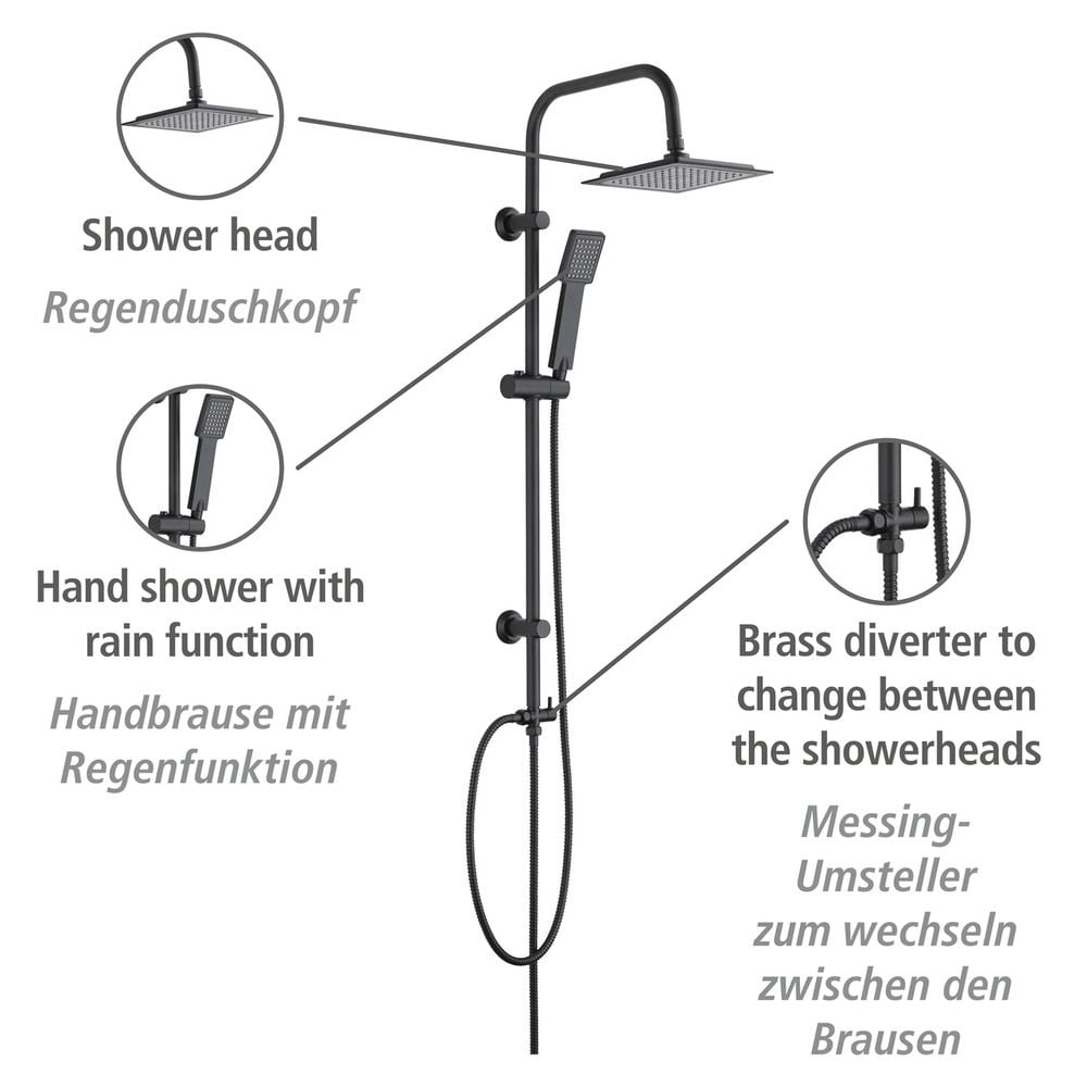 Duschsystem Mod. Quadro Schwarz matt, mit Regendusche und Handbrause