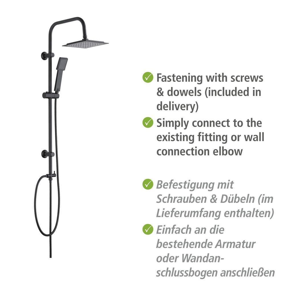 Duschsystem Mod. Quadro Schwarz matt, mit Regendusche und Handbrause