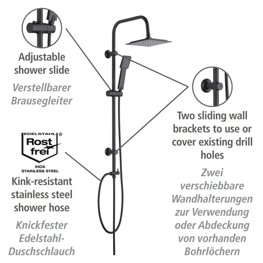 Duschsystem Mod. Quadro Schwarz matt, mit Regendusche und Handbrause