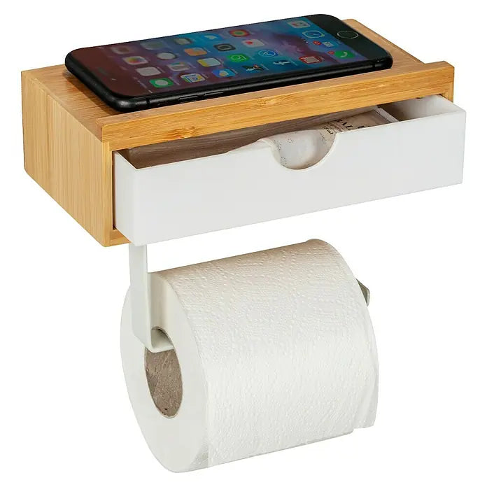 WENKO Inbara Toilettenpapierhalter mit Ablage Bambus Weiß Matt Klorollenhalter