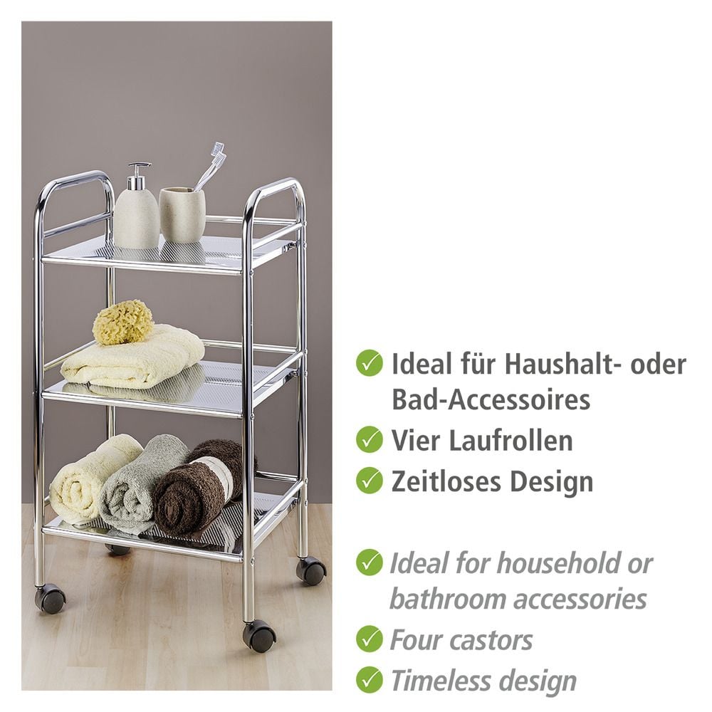 Rollwagen Exclusiv mit 3 Ablagen, aus verchromtem Stahl