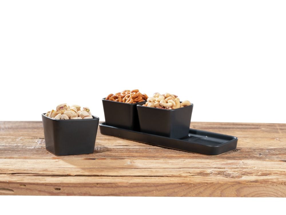 Snack & Dip Schalen Set Schwarz matt, Tablett mit 3 x 300 ml Schalen