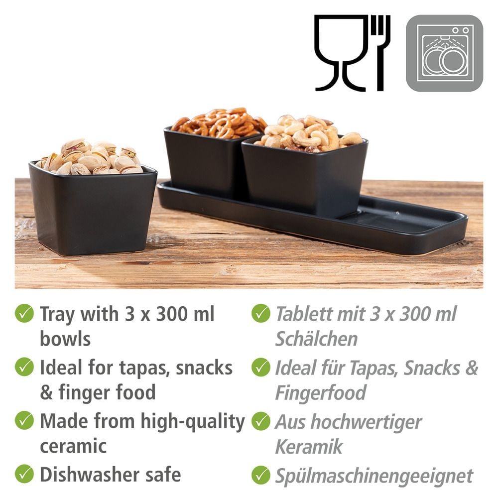 Snack & Dip Schalen Set Schwarz matt, Tablett mit 3 x 300 ml Schalen
