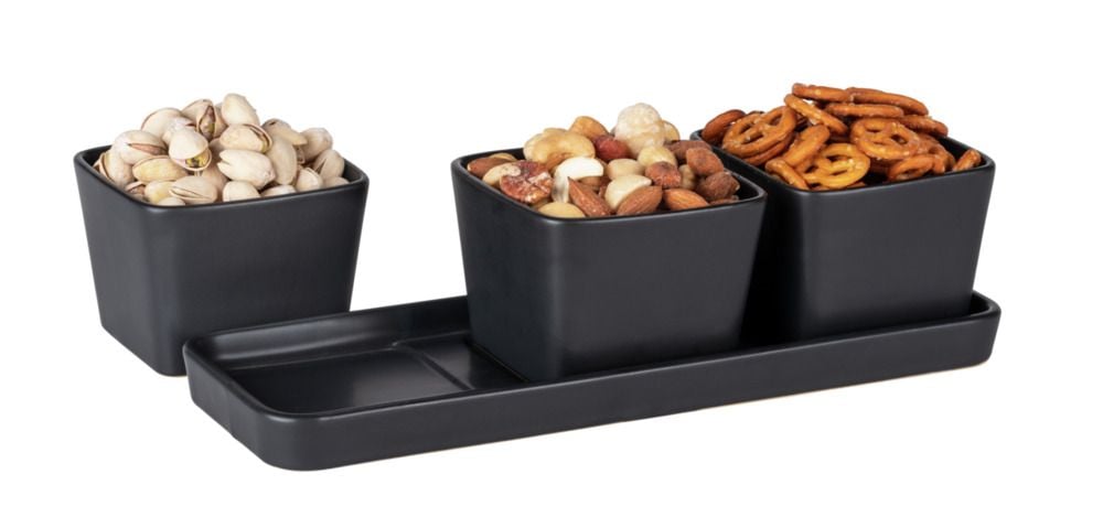 Snack & Dip Schalen Set Schwarz matt, Tablett mit 3 x 300 ml Schalen
