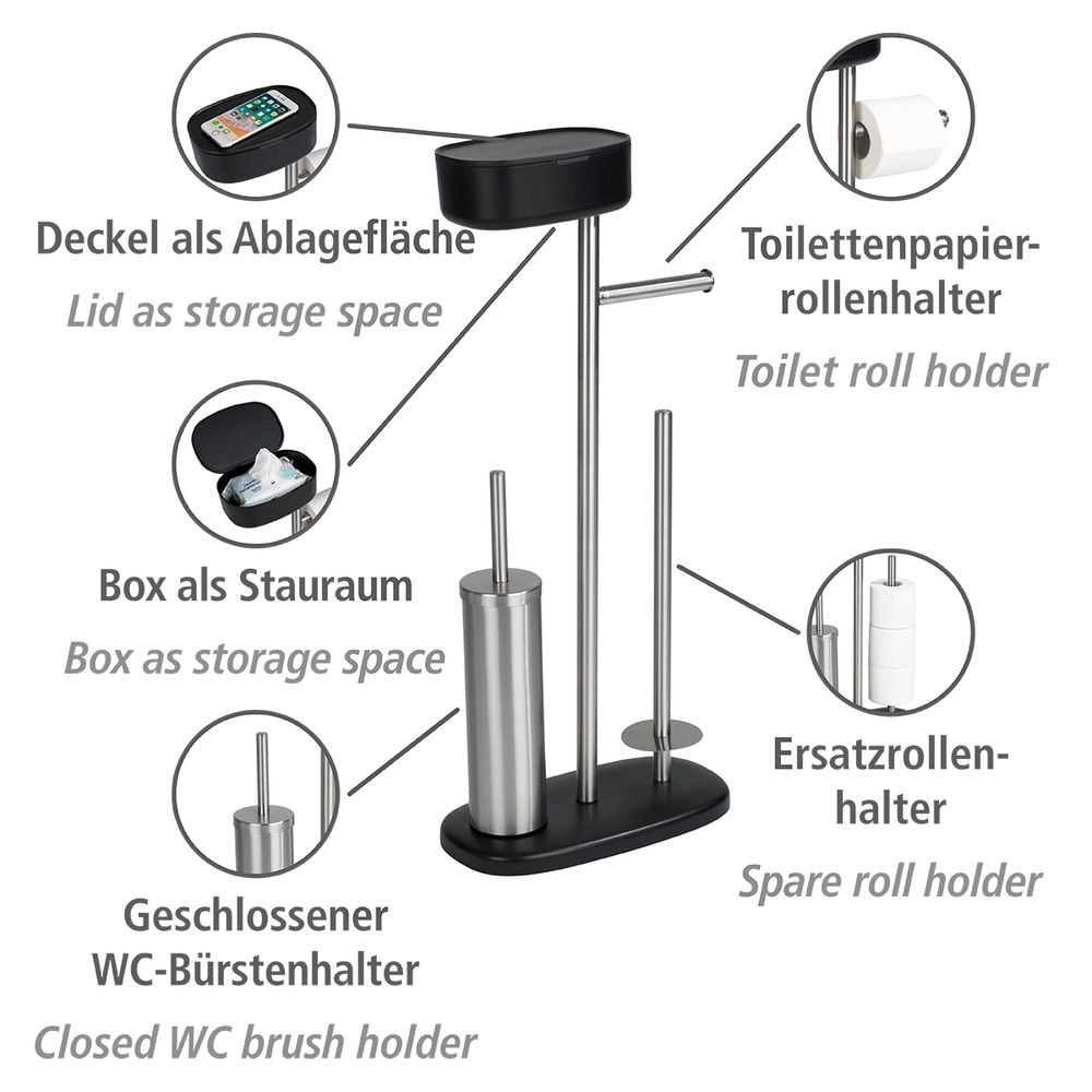 Stand WC-Garnitur mit Box Mod. Rivazza Schwarz, integrierter Toilettenpapierhalter,
