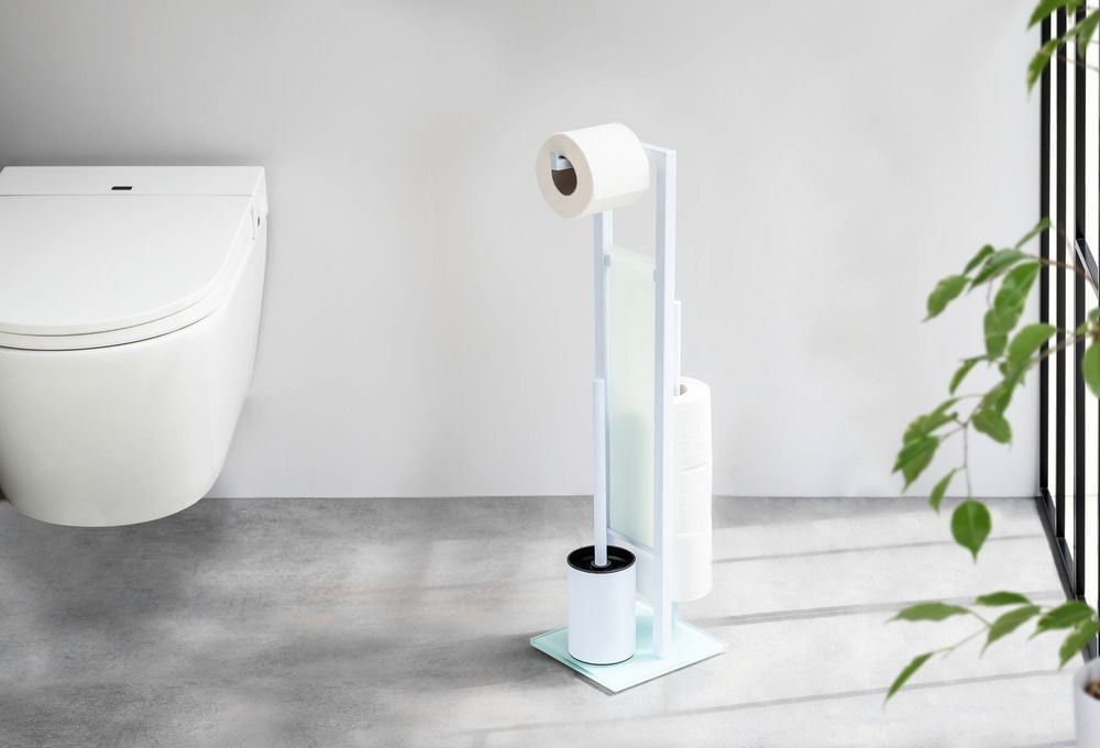 Stand WC-Garnitur Mod. Rivalta Weiß, integrierter Toilettenpapierhalter und WC-Bürstenhalter