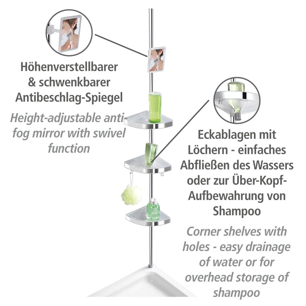 Teleskop Duschecke Premium glänzend, mit 3 Ablagen und Spiegel