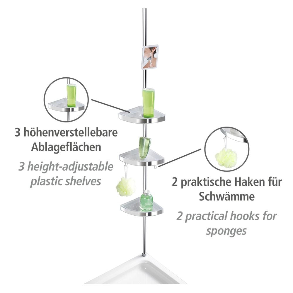 Teleskop Duschecke Premium glänzend, mit 3 Ablagen und Spiegel