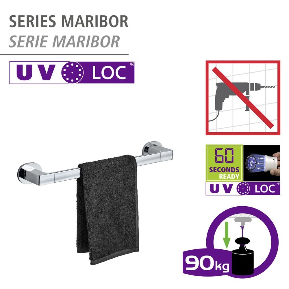 UV-Loc® Badetuchstange Uno Mod. Maribor 40 cm, Befestigen ohne Bohren mit innovativem Klebesystem