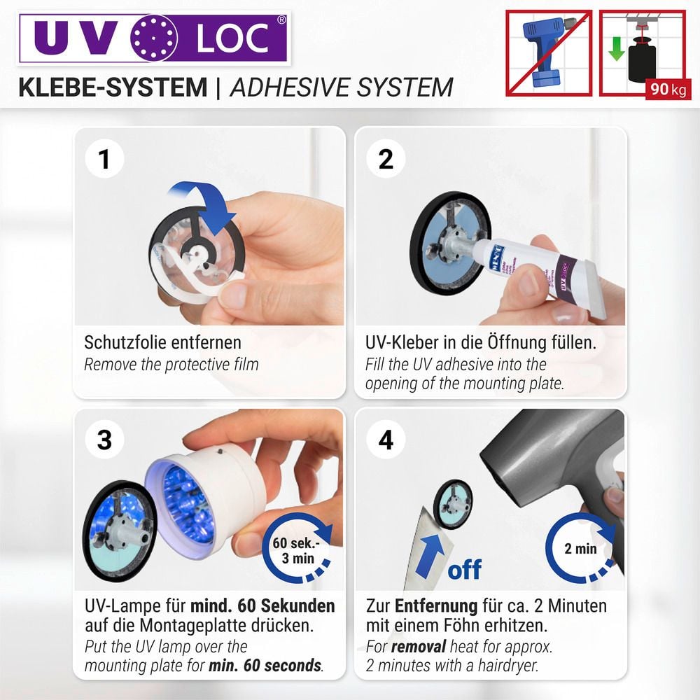 UV-Loc® Badetuchstange Uno Mod. Maribor 60 cm, Befestigen ohne Bohren mit innovativem Klebesystem