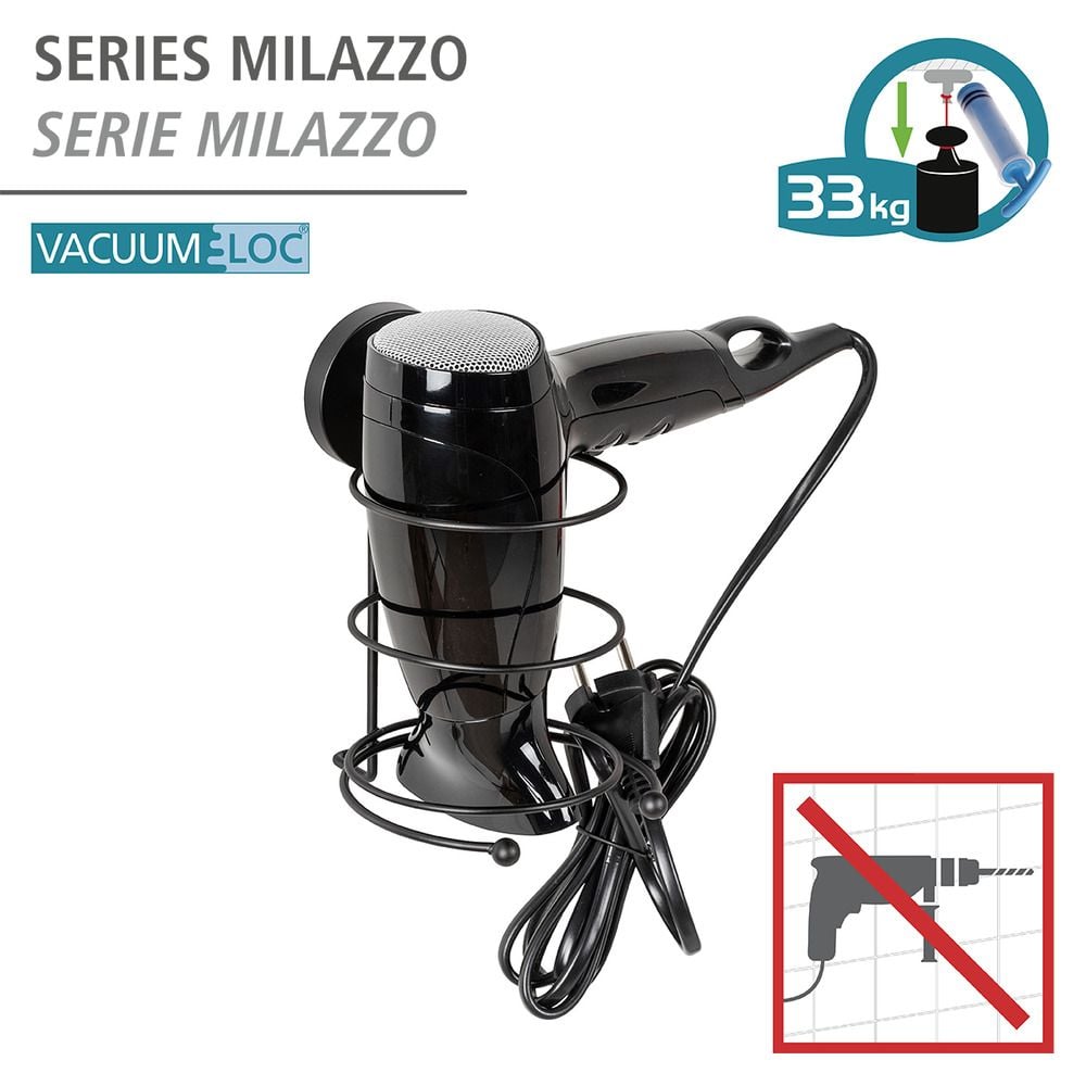 Vacuum-Loc® Haartrocknerhalter Mod. Milazzo Schwarz, Befestigen ohne bohren